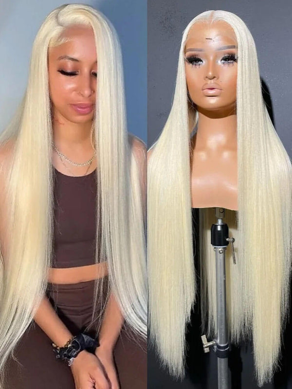 Blonde wig on a mannequin head next to a person wearing the wig. HD Clear 613 Honey Blonde Lace Front Wigs for Women 13x4 13x6 360 HD Clear 613 Honey Blonde Shade Lace Front Human Hair Wigs for Women Pure Brazilian Straight Lace Frontal Wig