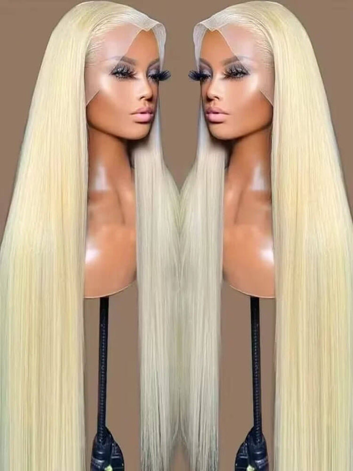 Two mannequins with long blonde wigs on a beige background HD Clear 613 Honey Blonde Lace Front Wigs for Women 13x4 13x6 360 HD Clear 613 Honey Blonde Shade Lace Front Human Hair Wigs for Women Pure Brazilian Straight Lace Frontal Wig