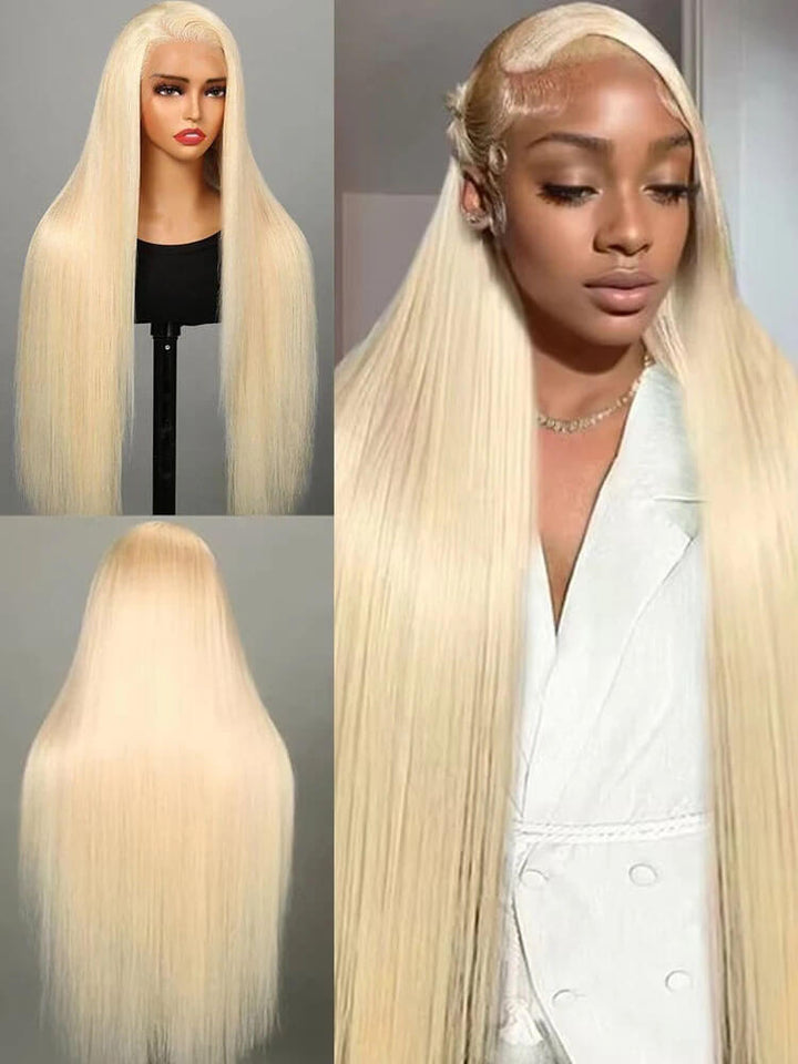 Blonde wig on a mannequin and worn by a person, with close-up shots of the hair. HD Clear 613 Honey Blonde Lace Front Wigs for Women 13x4 13x6 360 HD Clear 613 Honey Blonde Shade Lace Front Human Hair Wigs for Women Pure Brazilian Straight Lace Frontal Wig