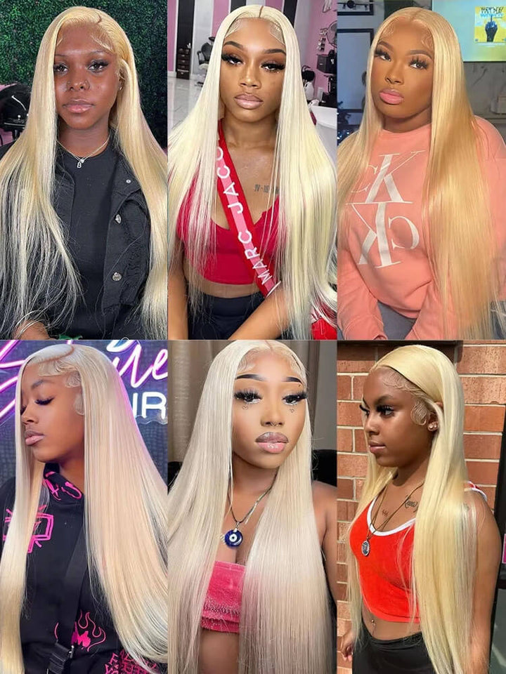 Collage of a woman with blonde hair styled in different ways. HD Clear 613 Honey Blonde Lace Front Wigs for Women 13x4 13x6 360 HD Clear 613 Honey Blonde Shade Lace Front Human Hair Wigs for Women Pure Brazilian Straight Lace Frontal Wig