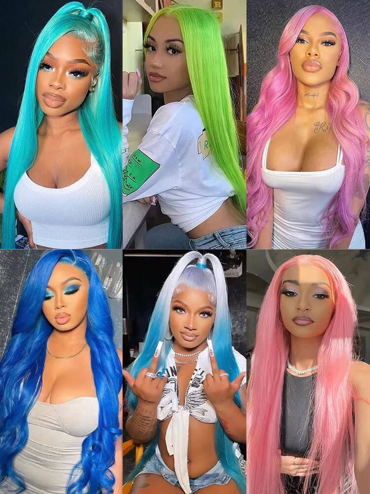 Collage of women with colorful wigs in various colors. HD Clear 613 Honey Blonde Lace Front Wigs for Women 13x4 13x6 360 HD Clear 613 Honey Blonde Shade Lace Front Human Hair Wigs for Women Pure Brazilian Straight Lace Frontal Wig