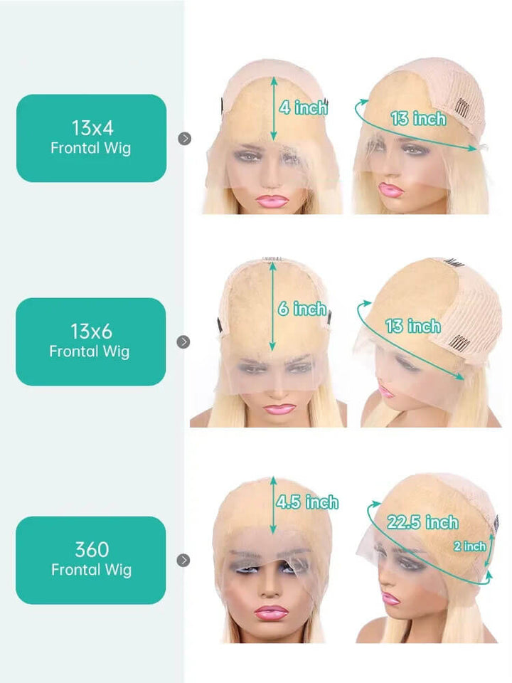 Comparison chart of different frontal wig styles with measurements on a white background HD Clear 613 Honey Blonde Lace Front Wigs for Women 13x4 13x6 360 HD Clear 613 Honey Blonde Shade Lace Front Human Hair Wigs for Women Pure Brazilian Straight Lace Frontal Wig