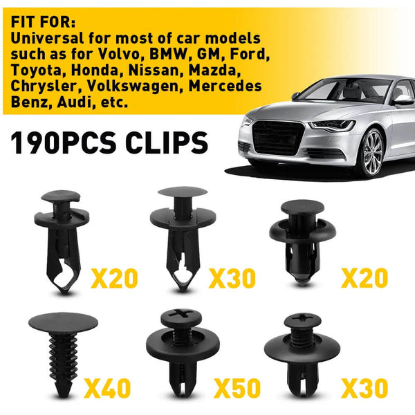Car clips with quantity details and a car model on a white background 190-Piece Vehicle Fastener Clip Set for Auto Repair 190 Piece Vehicle Fastener Clip Set Bumper Fender Rivet Clips Auto Body Push Retaining Pin Rivet Bumper Door Trim Panel Retainer Repair
