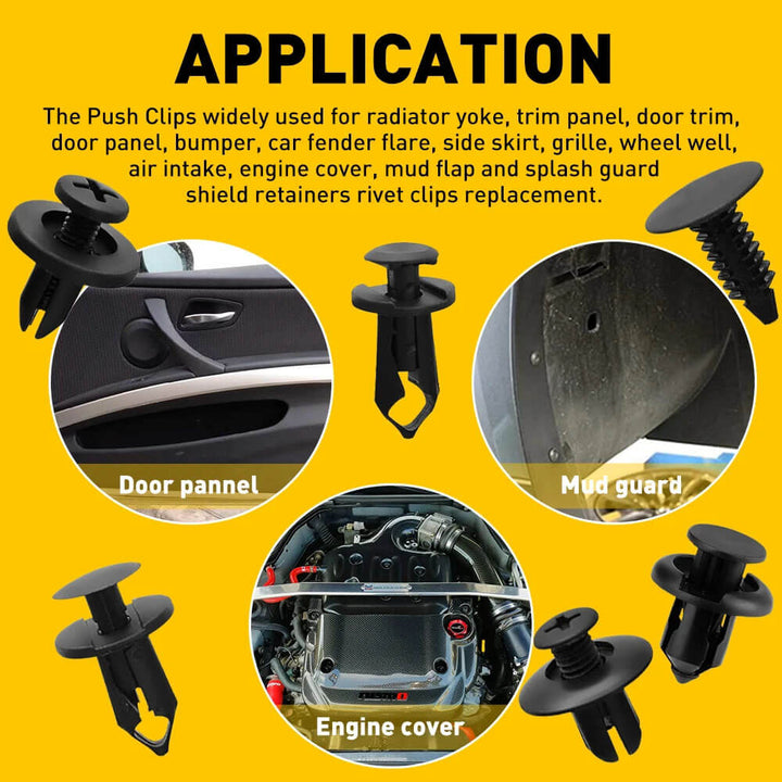 Push clips used in various car parts with application text on a yellow background 190-Piece Vehicle Fastener Clip Set for Auto Repair 190 Piece Vehicle Fastener Clip Set Bumper Fender Rivet Clips Auto Body Push Retaining Pin Rivet Bumper Door Trim Panel Retainer Repair