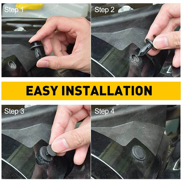 Step-by-step installation guide with hands performing actions on a car window. 190-Piece Vehicle Fastener Clip Set for Auto Repair 190 Piece Vehicle Fastener Clip Set Bumper Fender Rivet Clips Auto Body Push Retaining Pin Rivet Bumper Door Trim Panel Retainer Repair