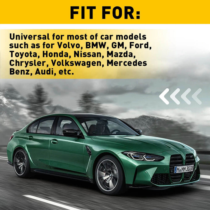 Green car on a road with text about car model compatibility on a yellow background 190-Piece Vehicle Fastener Clip Set for Auto Repair 190 Piece Vehicle Fastener Clip Set Bumper Fender Rivet Clips Auto Body Push Retaining Pin Rivet Bumper Door Trim Panel Retainer Repair