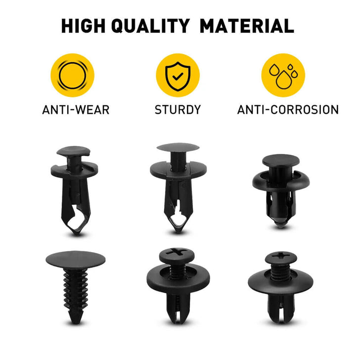 Set of black car clips with icons indicating high quality material features on a white background. 190-Piece Vehicle Fastener Clip Set for Auto Repair 190 Piece Vehicle Fastener Clip Set Bumper Fender Rivet Clips Auto Body Push Retaining Pin Rivet Bumper Door Trim Panel Retainer Repair