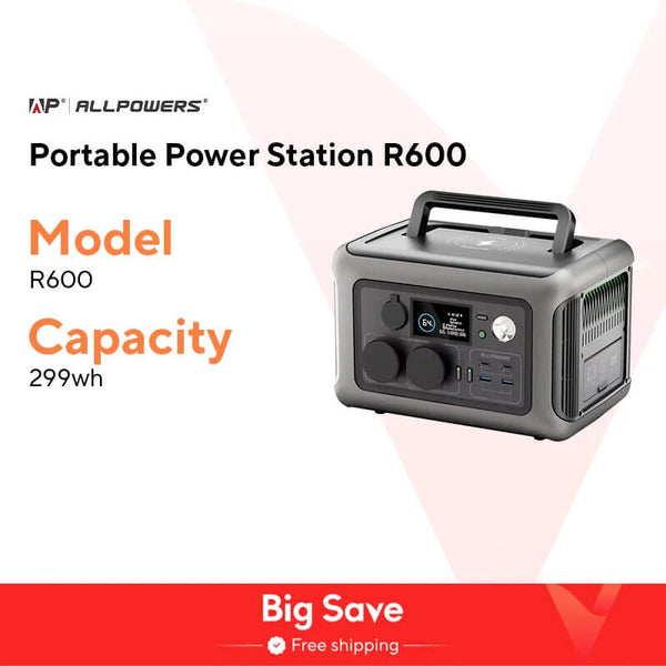 Portable power station R600 with Allpowers branding on a white background ALLPOWERS R600 Portable Power Station for Camping & Home ALLPOWERS R600 Portable Power Station, Equipped with a 299Wh LiFePO4 Battery, Features Two 600W AC Outlets (1200W Surge) for Camping, RV Trips, or Home Use
