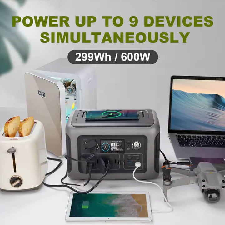 Portable power station charging multiple devices with text indicating capacity and capability. ALLPOWERS R600 Portable Power Station for Camping & Home ALLPOWERS R600 Portable Power Station, Equipped with a 299Wh LiFePO4 Battery, Features Two 600W AC Outlets (1200W Surge) for Camping, RV Trips, or Home Use