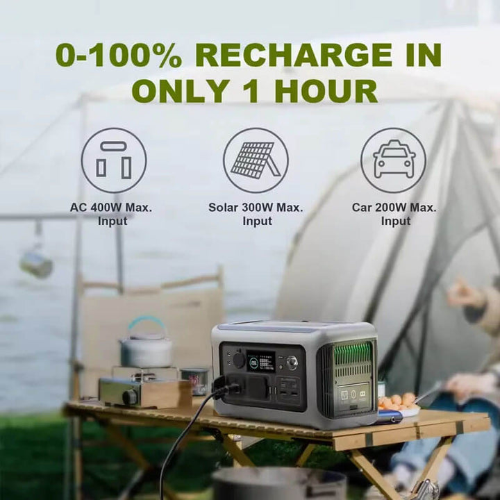 Portable power station on a camping table with charging capabilities displayed. ALLPOWERS R600 Portable Power Station for Camping & Home ALLPOWERS R600 Portable Power Station, Equipped with a 299Wh LiFePO4 Battery, Features Two 600W AC Outlets (1200W Surge) for Camping, RV Trips, or Home Use