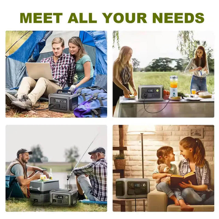 Portable power station being used in various settings with people around it. ALLPOWERS R600 Portable Power Station for Camping & Home ALLPOWERS R600 Portable Power Station, Equipped with a 299Wh LiFePO4 Battery, Features Two 600W AC Outlets (1200W Surge) for Camping, RV Trips, or Home Use