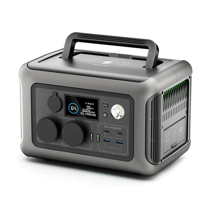 Portable power station with digital display on a white background ALLPOWERS R600 Portable Power Station for Camping & Home ALLPOWERS R600 Portable Power Station, Equipped with a 299Wh LiFePO4 Battery, Features Two 600W AC Outlets (1200W Surge) for Camping, RV Trips, or Home Use