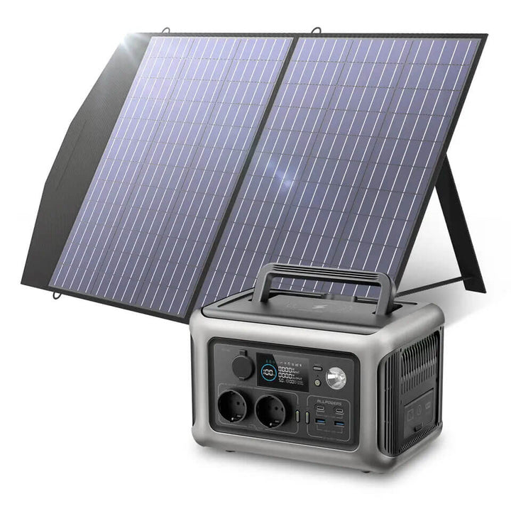 Portable power station with a solar panel on a white background ALLPOWERS R600 Portable Power Station for Camping & Home ALLPOWERS R600 Portable Power Station, Equipped with a 299Wh LiFePO4 Battery, Features Two 600W AC Outlets (1200W Surge) for Camping, RV Trips, or Home Use