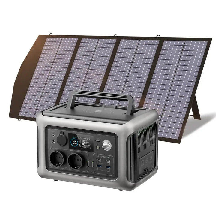 Portable power station with solar panel on a white background ALLPOWERS R600 Portable Power Station for Camping & Home ALLPOWERS R600 Portable Power Station, Equipped with a 299Wh LiFePO4 Battery, Features Two 600W AC Outlets (1200W Surge) for Camping, RV Trips, or Home Use
