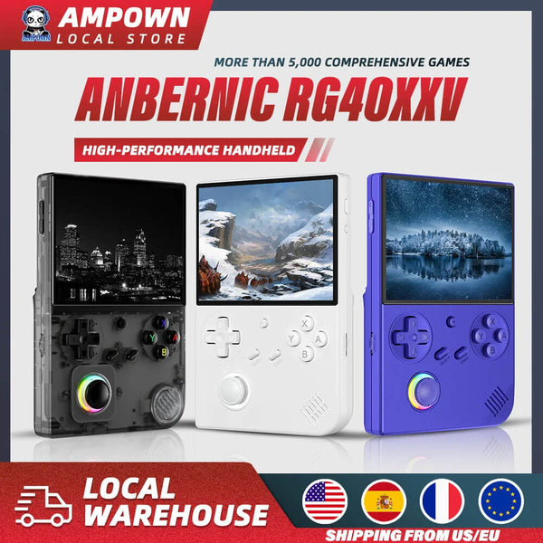 Three high-performance handheld gaming consoles with colorful designs on a promotional background.  ANBERNIC RG 40XXV Portable Gaming Device with 300+ Games ANBERNIC RG 40XXV 4.0-inch IPS Display Retro Portable Gaming Device Video Player Linux 5G WIFI Bluetooth 256G Over 300 PSP Games Present