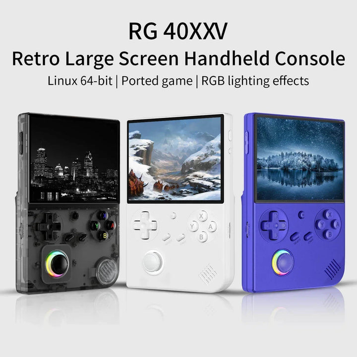 Three retro handheld consoles with screens displaying different scenes on a white background. ANBERNIC RG 40XXV Portable Gaming Device with 300+ Games ANBERNIC RG 40XXV 4.0-inch IPS Display Retro Portable Gaming Device Video Player Linux 5G WIFI Bluetooth 256G Over 300 PSP Games Present