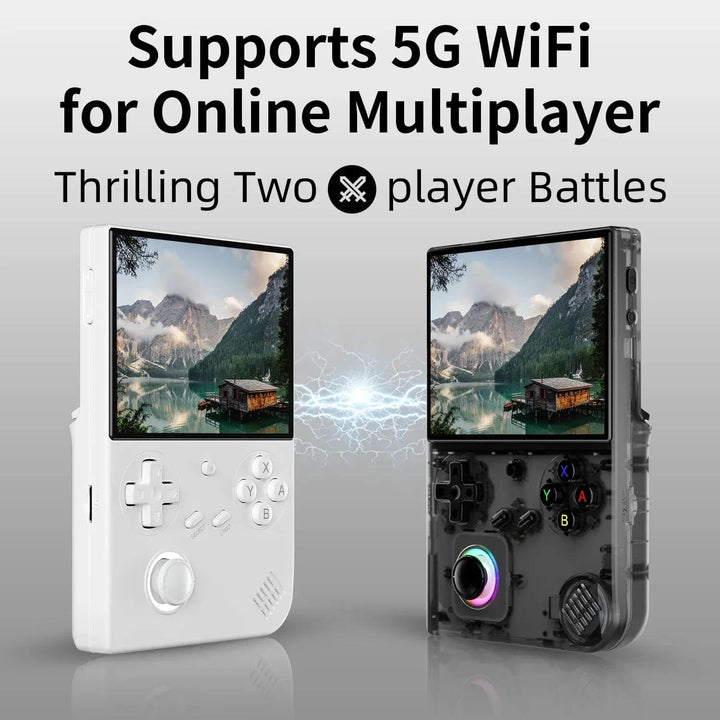 Two handheld gaming devices with mountain landscape screens on a gray background, highlighting 5G WiFi support for online multiplayer gaming. ANBERNIC RG 40XXV Portable Gaming Device with 300+ Games ANBERNIC RG 40XXV 4.0-inch IPS Display Retro Portable Gaming Device Video Player Linux 5G WIFI Bluetooth 256G Over 300 PSP Games Present