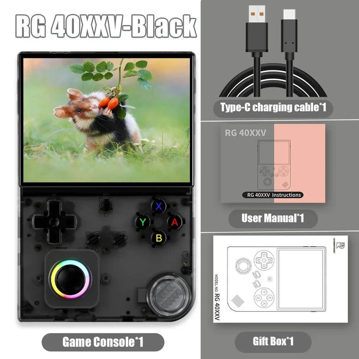 Game console with accessories including a charging cable, user manual, and gift box on a gray background. ANBERNIC RG 40XXV Portable Gaming Device with 300+ Games ANBERNIC RG 40XXV 4.0-inch IPS Display Retro Portable Gaming Device Video Player Linux 5G WIFI Bluetooth 256G Over 300 PSP Games Present