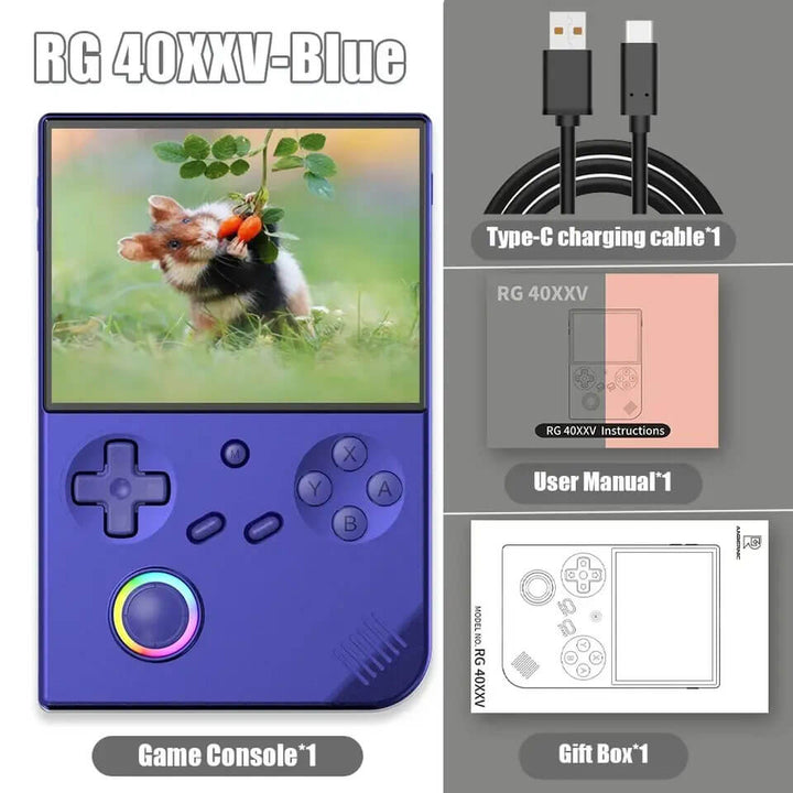 Purple game console with screen displaying a dog, surrounded by charging cable, user manual, and gift box on a gray background. ANBERNIC RG 40XXV Portable Gaming Device with 300+ Games ANBERNIC RG 40XXV 4.0-inch IPS Display Retro Portable Gaming Device Video Player Linux 5G WIFI Bluetooth 256G Over 300 PSP Games Present