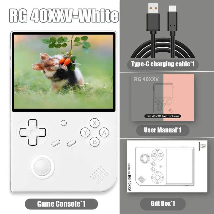 White game console with screen displaying a dog, charging cable, user manual, and gift box on a gray background. ANBERNIC RG 40XXV Portable Gaming Device with 300+ Games ANBERNIC RG 40XXV 4.0-inch IPS Display Retro Portable Gaming Device Video Player Linux 5G WIFI Bluetooth 256G Over 300 PSP Games Present