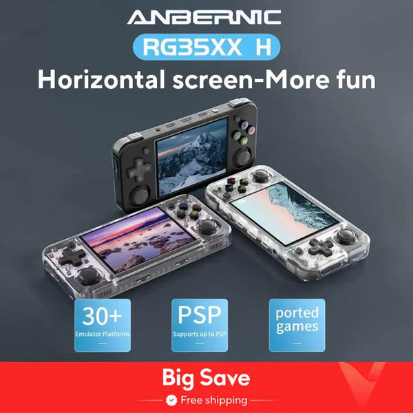 Handheld gaming console with transparent case and colorful screens on a dark background, featuring Anbernic branding. ANBERNIC RG35XX H: 3.5 inch Portable Gaming Device ANBERNIC RG35XX H Portable Gaming Device Linux 3.5-inch IPS Display H700 Classic Video Games Player 3300mAh 64GB 5528 Retro Games
