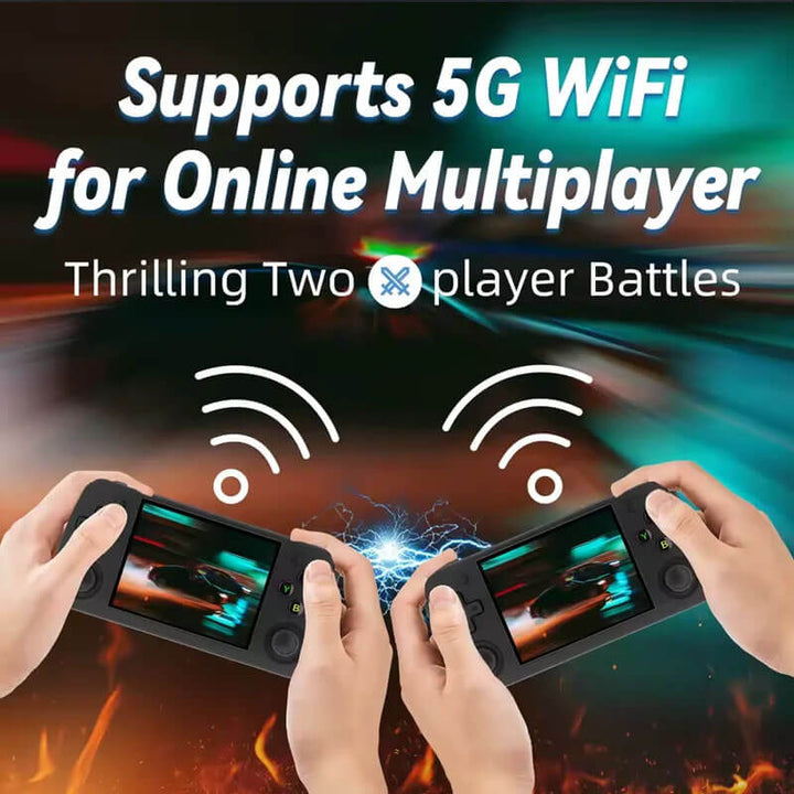 Two hands holding gaming devices with text about 5G WiFi and online multiplayer gaming. ANBERNIC RG35XX H: 3.5 inch Portable Gaming Device ANBERNIC RG35XX H Portable Gaming Device Linux 3.5-inch IPS Display H700 Classic Video Games Player 3300mAh 64GB 5528 Retro Games