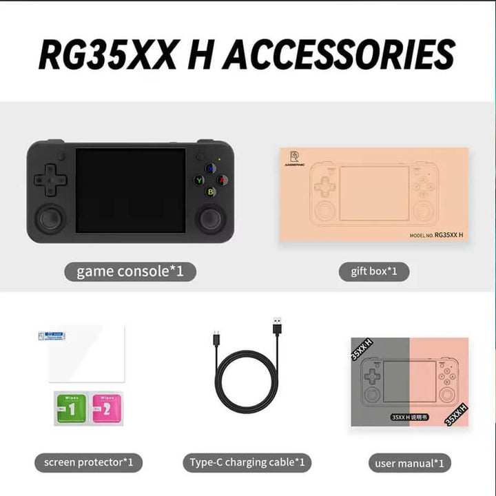 RG35XX H gaming console accessories including console, screen protector, charging cable, and user manual on a white background. ANBERNIC RG35XX H: 3.5 inch Portable Gaming Device ANBERNIC RG35XX H Portable Gaming Device Linux 3.5-inch IPS Display H700 Classic Video Games Player 3300mAh 64GB 5528 Retro Games