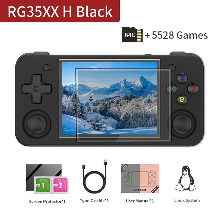 Handheld gaming console with screen displaying a snowy landscape, surrounded by accessories on a white background. ANBERNIC RG35XX H: 3.5 inch Portable Gaming Device ANBERNIC RG35XX H Portable Gaming Device Linux 3.5-inch IPS Display H700 Classic Video Games Player 3300mAh 64GB 5528 Retro Games