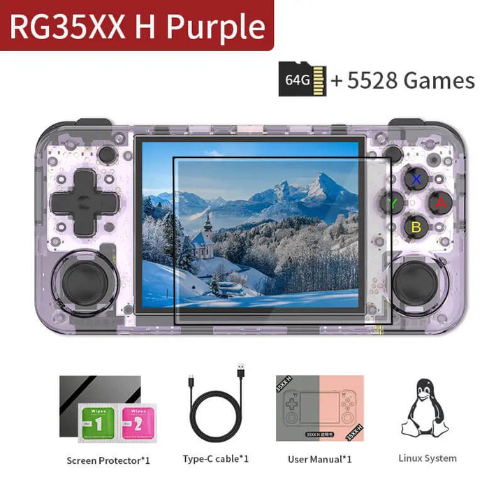 Handheld gaming console with screen displaying a snowy landscape, surrounded by accessories on a white background. ANBERNIC RG35XX H: 3.5 inch Portable Gaming Device ANBERNIC RG35XX H Portable Gaming Device Linux 3.5-inch IPS Display H700 Classic Video Games Player 3300mAh 64GB 5528 Retro Games