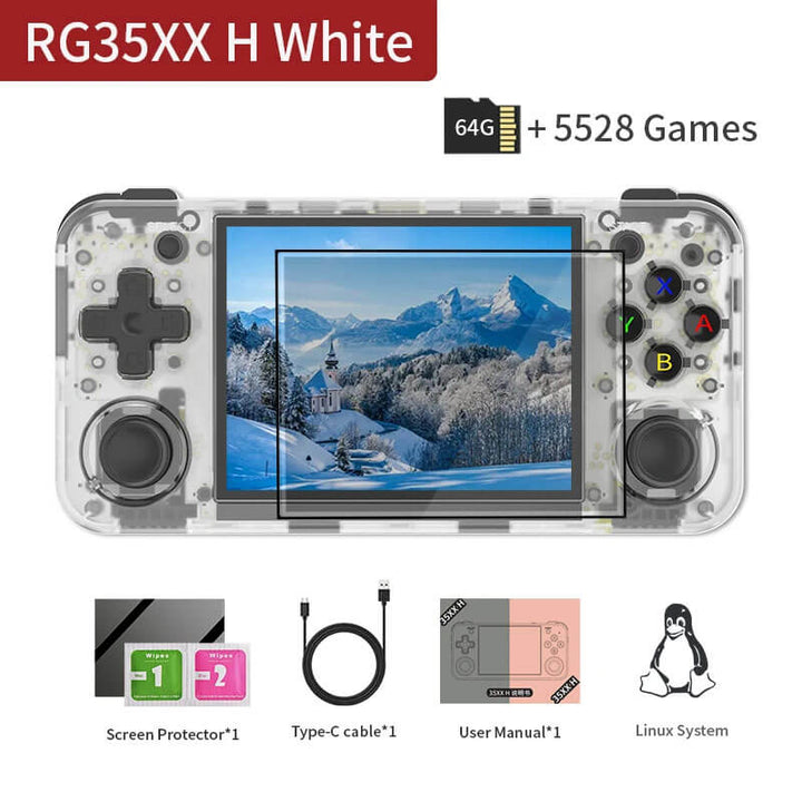 Handheld gaming console with screen displaying a snowy landscape, surrounded by accessories on a white background. ANBERNIC RG35XX H: 3.5 inch Portable Gaming Device ANBERNIC RG35XX H Portable Gaming Device Linux 3.5-inch IPS Display H700 Classic Video Games Player 3300mAh 64GB 5528 Retro Games