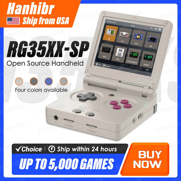 Open-source handheld gaming console with colorful buttons and screen, promotional text on a white background. ANBERNIC RG35XXSP Retro Flip Handheld Gaming Device ANBERNIC RG35XXSP Retro Flip Handheld Gaming Device with 3.5 Inch IPS Display Linux H700 Video Game Player Allows WIFI Streaming and Bluetooth Connectivity