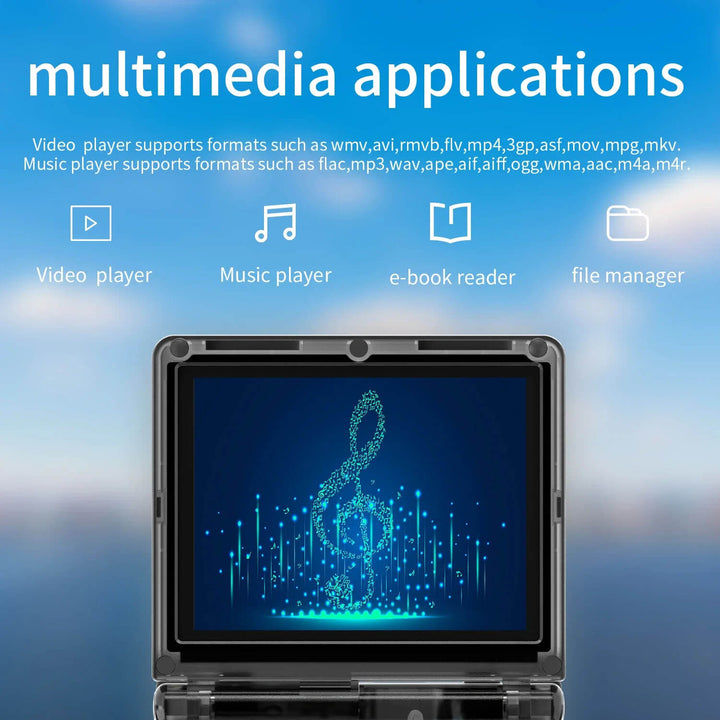 Multimedia device with screen displaying a music note, surrounded by multimedia application icons on a blue background. ANBERNIC RG35XXSP Retro Flip Handheld Gaming Device ANBERNIC RG35XXSP Retro Flip Handheld Gaming Device with 3.5 Inch IPS Display Linux H700 Video Game Player Allows WIFI Streaming and Bluetooth Connectivity
