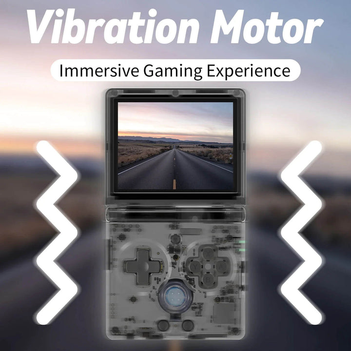 Gaming device with transparent back showing internal components, displayed against a blurred landscape background. ANBERNIC RG35XXSP Retro Flip Handheld Gaming Device ANBERNIC RG35XXSP Retro Flip Handheld Gaming Device with 3.5 Inch IPS Display Linux H700 Video Game Player Allows WIFI Streaming and Bluetooth Connectivity