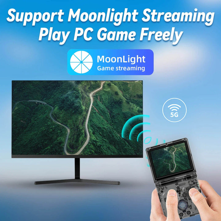Advertisement for Moonlight game streaming service with a TV and handheld device displaying a game. ANBERNIC RG35XXSP Retro Flip Handheld Gaming Device ANBERNIC RG35XXSP Retro Flip Handheld Gaming Device with 3.5 Inch IPS Display Linux H700 Video Game Player Allows WIFI Streaming and Bluetooth Connectivity