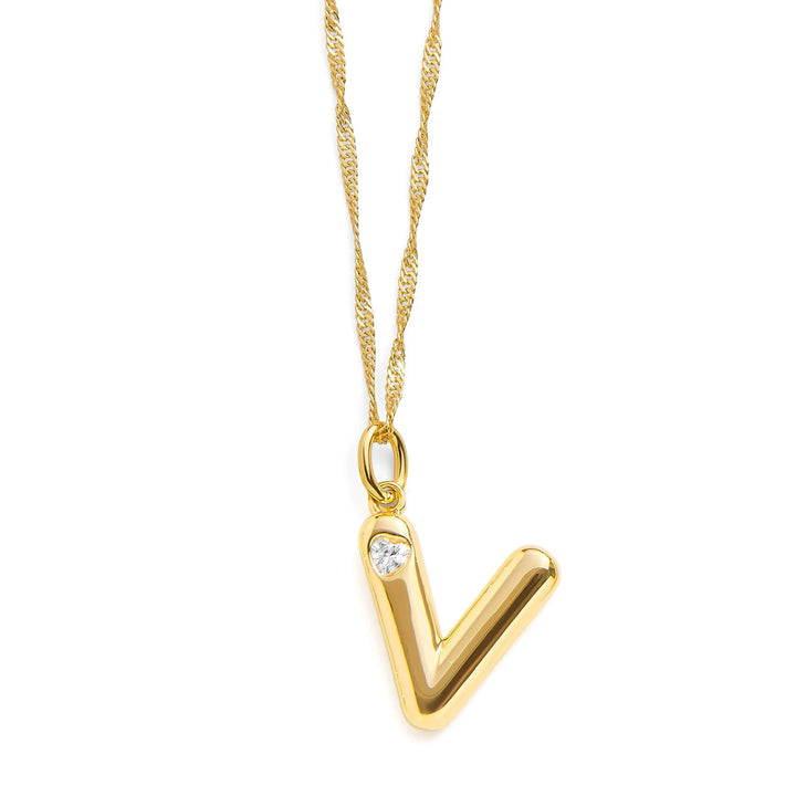 Personalized Bubble Letter Initial Necklace - Wearing Felicity Bubble-Letter-Initial-Necklace-Gold-V Wear Felicity