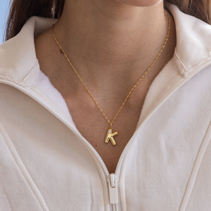 Personalized Bubble Letter Initial Necklace - Wearing Felicity Bubble-Letter-Initial-Necklace-Gold Wear Felicity