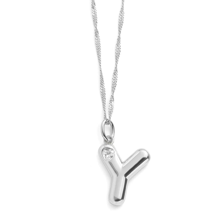 Personalized Bubble Letter Initial Necklace - Wearing Felicity Bubble-Letter-Initial-Necklace-Silver-Y Wear Felicity