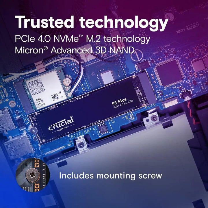 Crucial solid-state drive on a circuit board with text about technology features. Crucial P3 Plus 1TB/2TB NVMe SSD - 5000MB/s Speed Crucial P3 Plus 1TB 2TB PCIe Gen4 3D NAND NVMe M.2 SSD, Capable of 5000MB/s Solid State Drive for Gaming Computers and Laptops (OEM Packaging)
