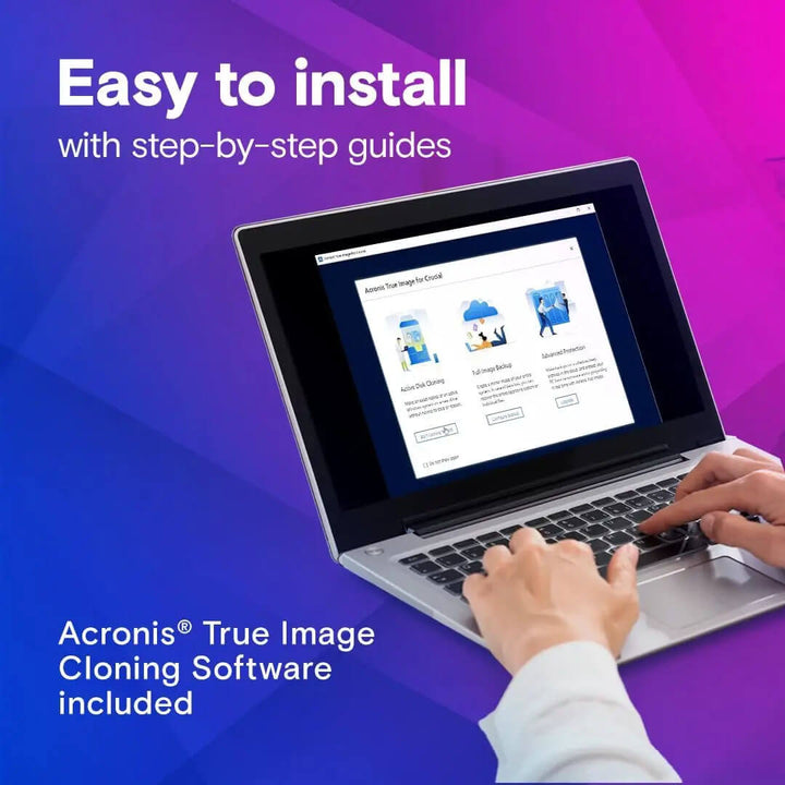 Laptop with user interface on screen, hands typing, on a purple gradient background with text about Acronis True Image Cloning Software. Crucial P3 Plus 1TB/2TB NVMe SSD - 5000MB/s Speed Crucial P3 Plus 1TB 2TB PCIe Gen4 3D NAND NVMe M.2 SSD, Capable of 5000MB/s Solid State Drive for Gaming Computers and Laptops (OEM Packaging)