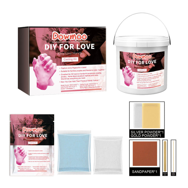 Dowmoo DIY For Love product set including packaging, powder, and sandpaper on a white background DOWMOO DIY Hand Masks for Artistic Keepsakes DOWMOO Pair of Hand Masks DIY Hand Replica Casting Material Mold Powder Three-dimensional Hand and Foot Mask Artistic Keepsake