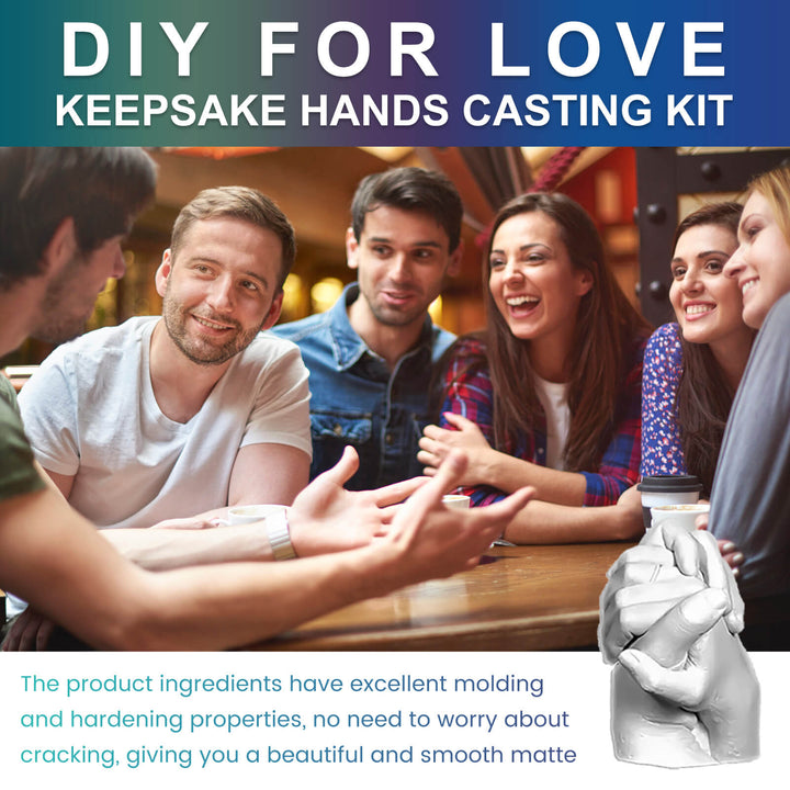Advertisement for a 'DIY FOR LOVE' keepsake hands casting kit with people at a table. DOWMOO DIY Hand Masks for Artistic Keepsakes DOWMOO Pair of Hand Masks DIY Hand Replica Casting Material Mold Powder Three-dimensional Hand and Foot Mask Artistic Keepsake