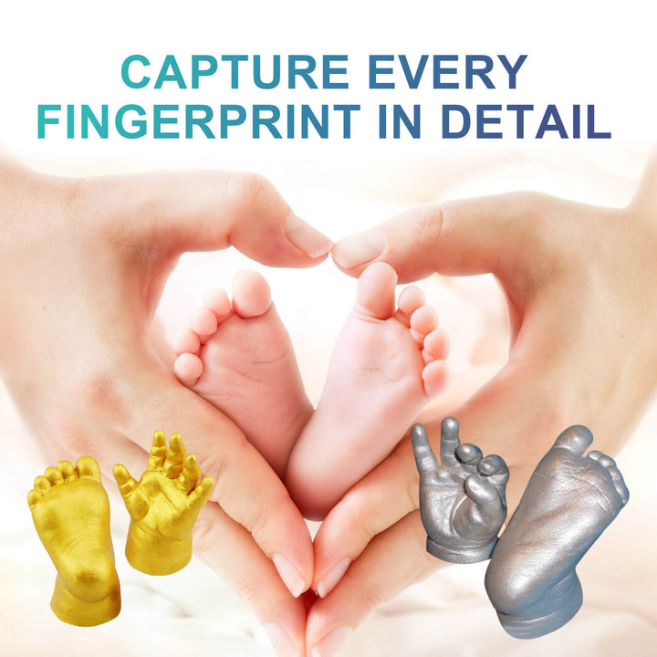 Baby feet between adult hands with fingerprint capture tools on a light background DOWMOO DIY Hand Masks for Artistic Keepsakes DOWMOO Pair of Hand Masks DIY Hand Replica Casting Material Mold Powder Three-dimensional Hand and Foot Mask Artistic Keepsake