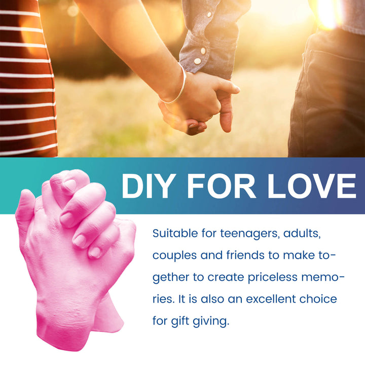 Two people holding hands with a text overlay about 'DIY for Love' activities. DOWMOO DIY Hand Masks for Artistic Keepsakes DOWMOO Pair of Hand Masks DIY Hand Replica Casting Material Mold Powder Three-dimensional Hand and Foot Mask Artistic Keepsake
