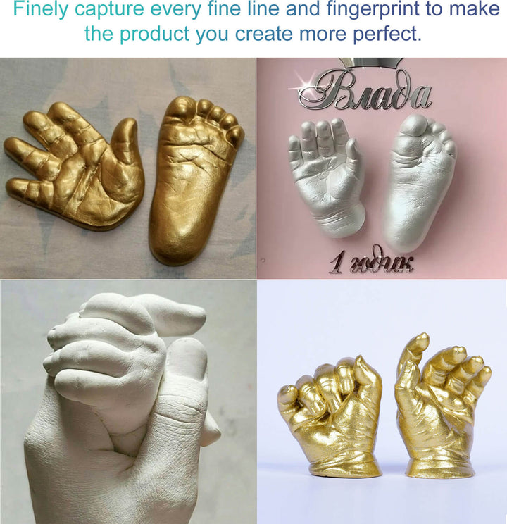 Collage of gold and silver hand and foot casts with text on a white background DOWMOO DIY Hand Masks for Artistic Keepsakes DOWMOO Pair of Hand Masks DIY Hand Replica Casting Material Mold Powder Three-dimensional Hand and Foot Mask Artistic Keepsake