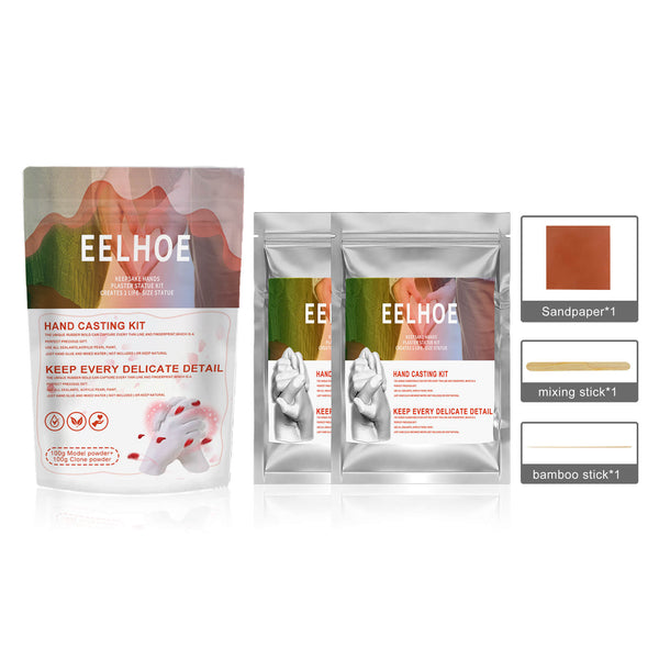 EELHOE hand casting kit packaging with additional items on a white background Create 3D Hand & Foot Models with EELHOE Powder EELHOE Couple Hand Model Replication Powder for Creating 3D Hand and Foot Models for Babies and Children, Ideal for a Valentine's Day Present