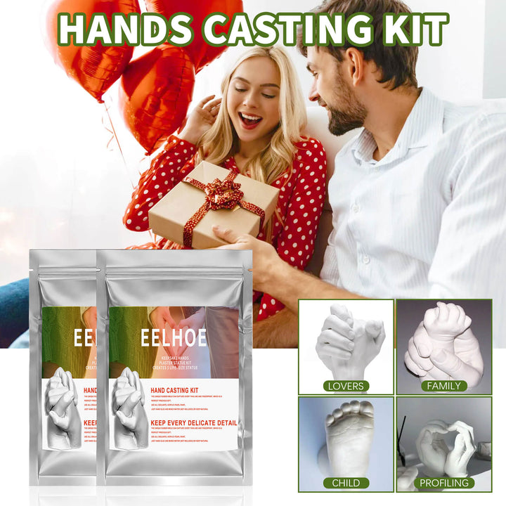 Advertisement for a 'Hands Casting Kit' with a couple holding a gift and product packaging. Create 3D Hand & Foot Models with EELHOE Powder EELHOE Couple Hand Model Replication Powder for Creating 3D Hand and Foot Models for Babies and Children, Ideal for a Valentine's Day Present