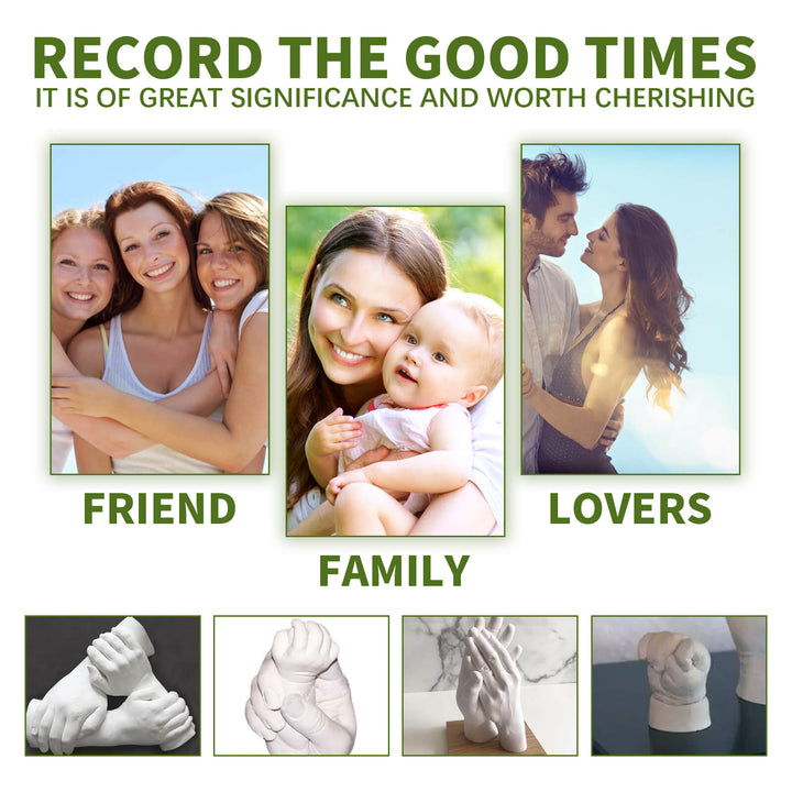 Promotional graphic with family, friends, and lovers images and a message to cherish good times. Create 3D Hand & Foot Models with EELHOE Powder EELHOE Couple Hand Model Replication Powder for Creating 3D Hand and Foot Models for Babies and Children, Ideal for a Valentine's Day Present