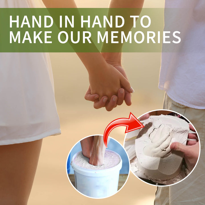 Two people holding hands with a focus on a handprint in sand, accompanied by text 'Hand in Hand to Make Our Memories'. Create 3D Hand & Foot Models with EELHOE Powder EELHOE Couple Hand Model Replication Powder for Creating 3D Hand and Foot Models for Babies and Children, Ideal for a Valentine's Day Present