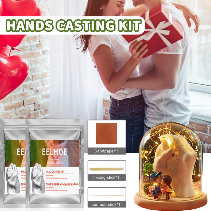 Eelhoe hand casting kit with a couple embracing and a small model scene. Create 3D Hand & Foot Models with EELHOE Powder EELHOE Couple Hand Model Replication Powder for Creating 3D Hand and Foot Models for Babies and Children, Ideal for a Valentine's Day Present