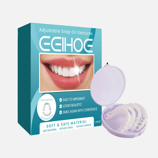 Box of ECIHOE adjustable snap on dentures with a close-up of a mouth wearing dentures. EELHOE Snap-on Dental Prosthetics for Gap Filling EELHOE Customizable Snap-on Dental Prosthetics Temporary Adhesive Gap Filling Tooth Correction Denture Set